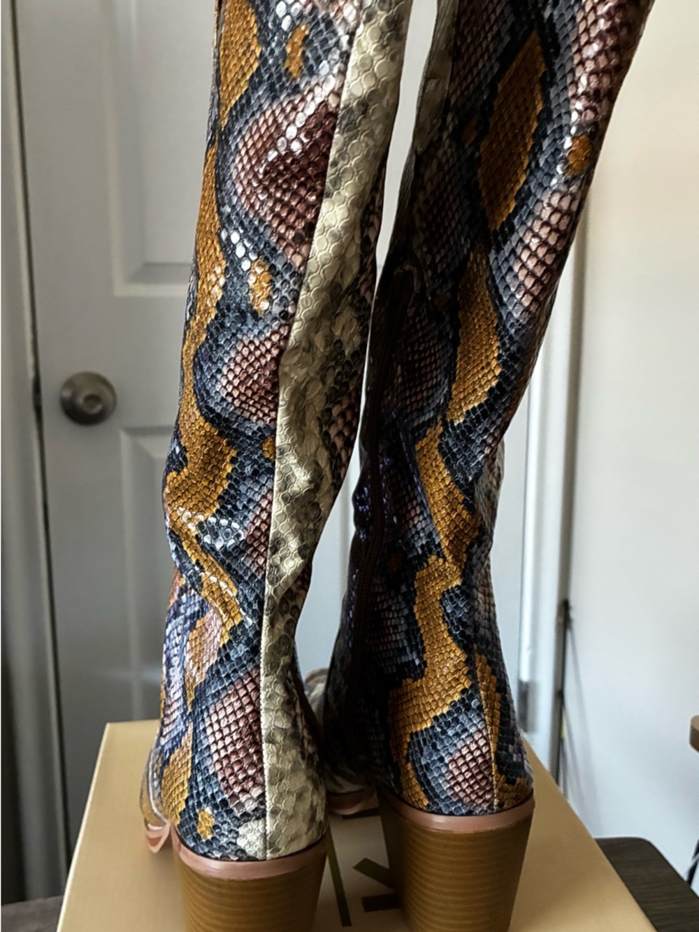 Yoki Multicolor Snake-Print Knee Boots - Brown, Tan, Black, Cream - Picture 5 of 6